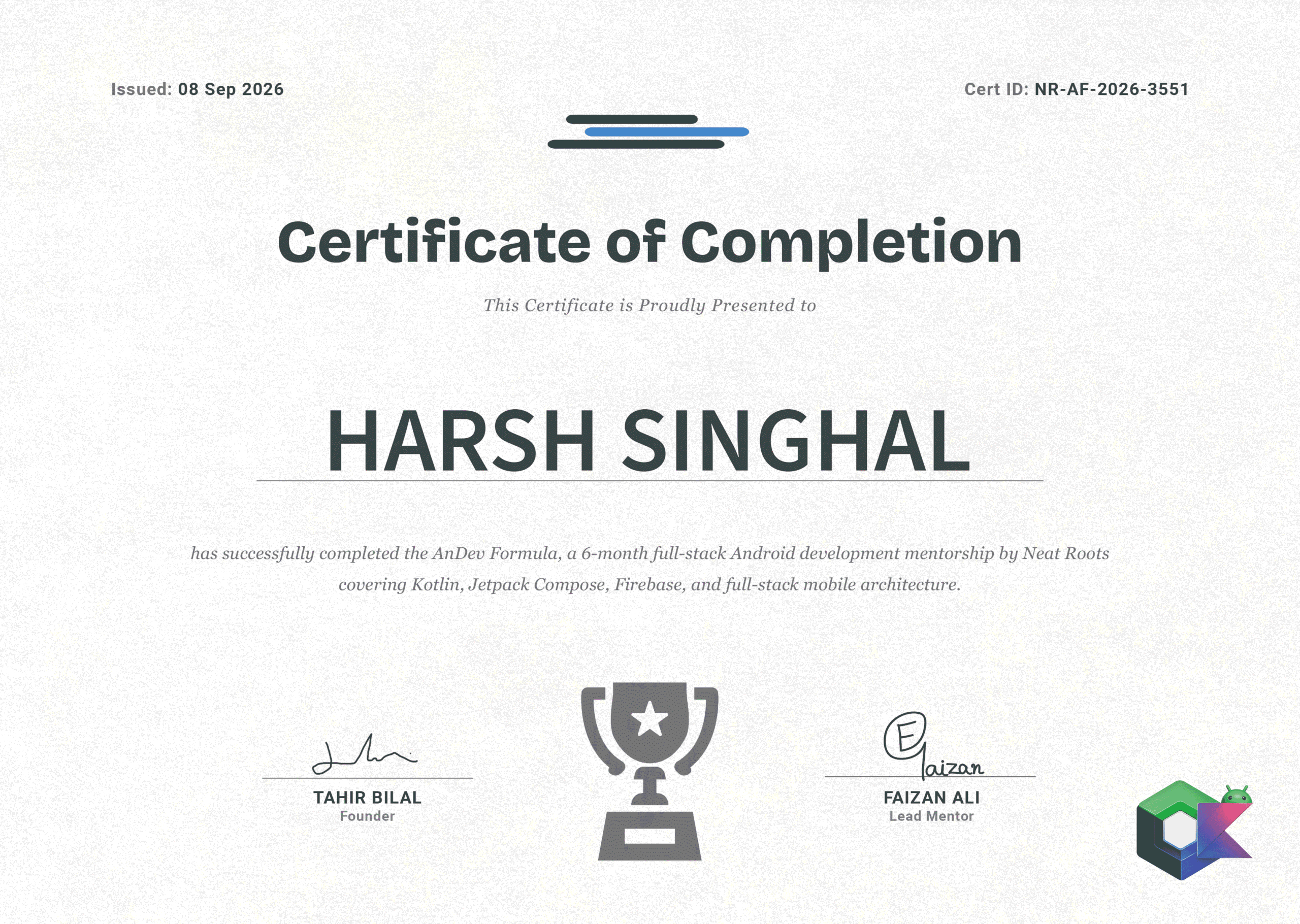 AnDev Formula completion certificate